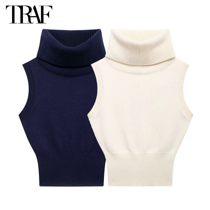 TRAF Sleeveless Knit Vests for Women Turtleneck Cropped Sweater Vest Women Autumn Knitwears Pullover Knitted Jersey Women\'s Vest