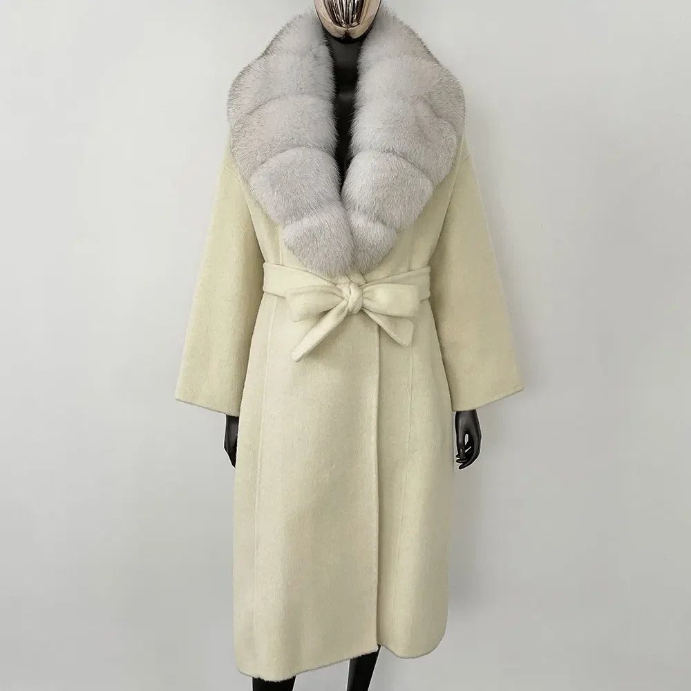 Natural gola de pele de raposa jaqueta com capuz casaco de pele real inverno feminino cashmere lã mistura casaco 2024 novo oversize senhoras outerwear