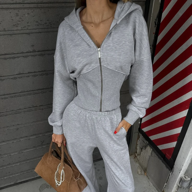 New Piece Set Women Outfit New Autumn Simple Gray Cinched Waist Long Sleeved Hooded Zipper Sweatshirt & Straight Leg Pants Set
