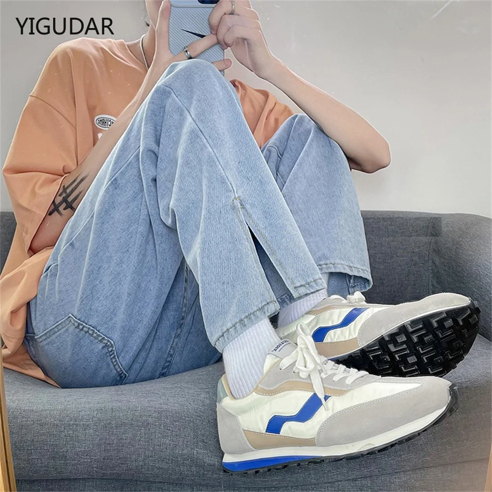 

Spring Summer New Streetwear Baggy Jeans Men Korean Fashion Loose Straight Wide Leg Pants Male Brand Clothing Black Light Blue