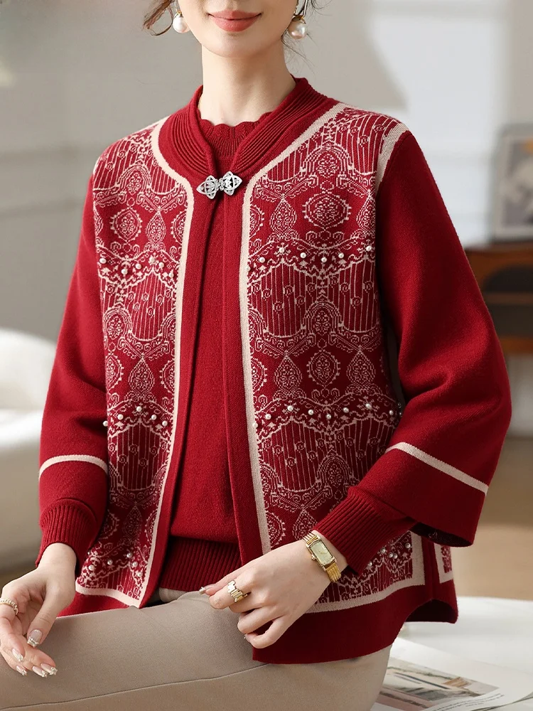 

Spring Faion Knitted Sweater Set for Women ly Brideom Mother-In-Law Attendees Cardigan Outerwear V-Ne Polyester V...