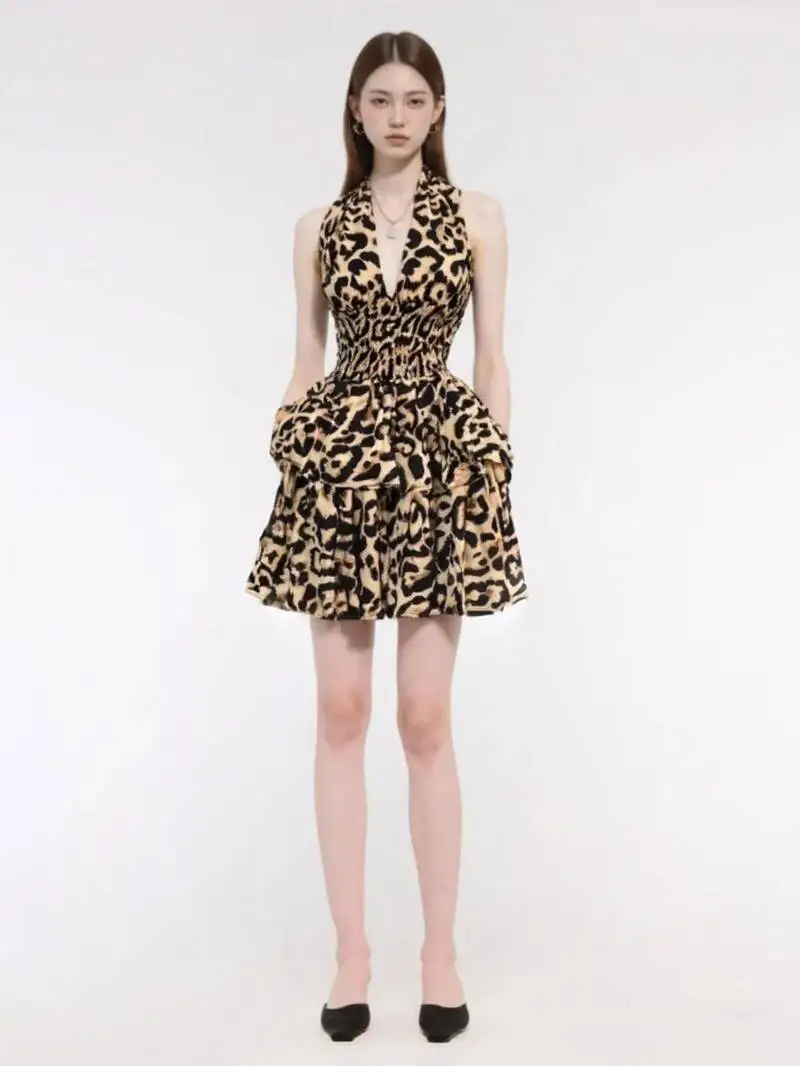Women Leopard Print Halter Neck Backless Cascading Ruffles Big Swing Ball Gown Mini Dress 2025 Sexy Club Party Dresses 98J4