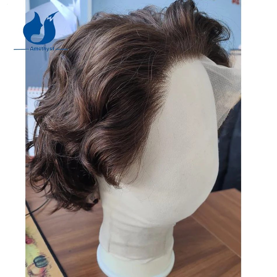 

Аметист # 3-цветный коричневый парик из натуральных волос с свободной волной для мужчин 13x6, парик спереди, короткая стрижка, бразильские волосы Remy, предварительно выщипанные