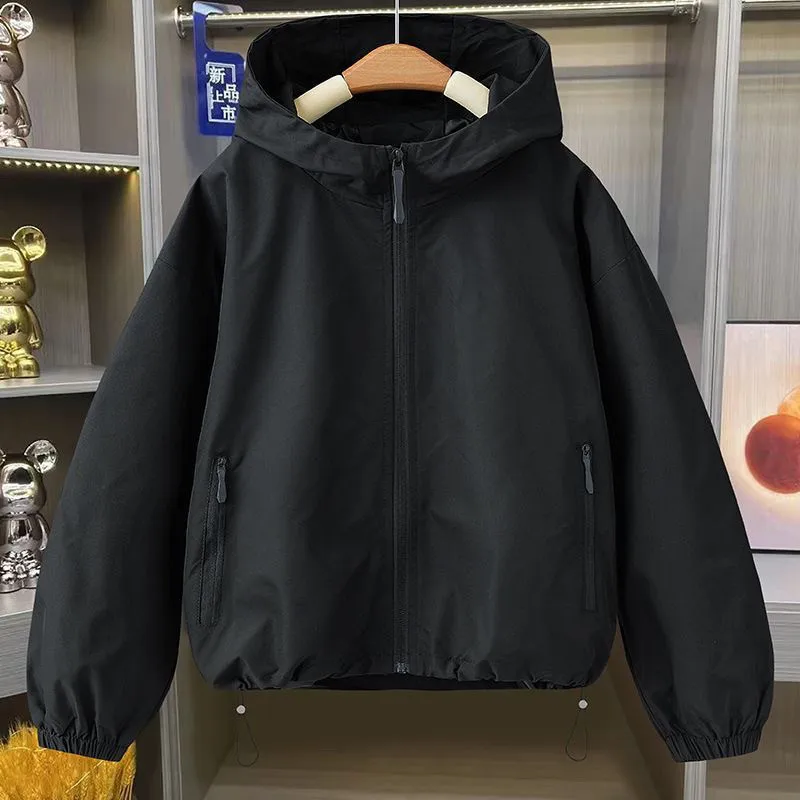 2026 Autumn Women's Coat Hooded Jacket Long Sleeve Zipper Pockets Casual Windbreaker Basic Jackets Outerwear Splicing Hooded