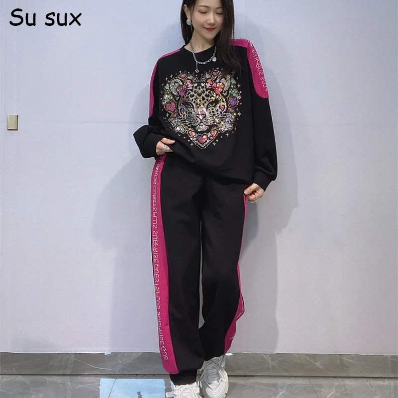 

Брюки большого размера с блестками и леопардовой головой, женский комплект из 2 предметов, осенний повседневный пуловер 2025 года, свитер с длинными рукавами, спортивный костюм