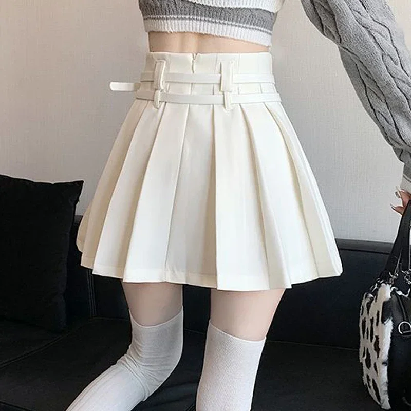 

Women Japanese Y2K Kawaii Streetwear Pleated Sexy Mini Skirts Spring Girl Black White Double Belt High Waist Skirt Faldas P237