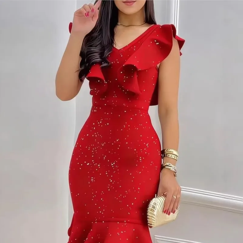 Women's Bodycon Dress Summer New Red Fashion Elegant Dress With Ruffles V-neck Sexy Simple Waist Slimming Midi Dresses For Women