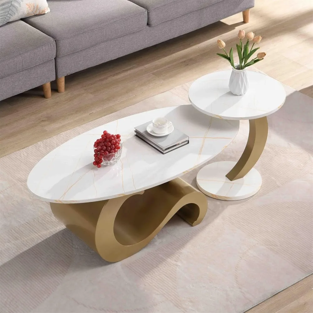 2 Piece Living Room Set, Modern Nest Coffee Table Set of 2, Faux Marble Tabletop Oval Coffee and End Table Set with Gold Iron Ge