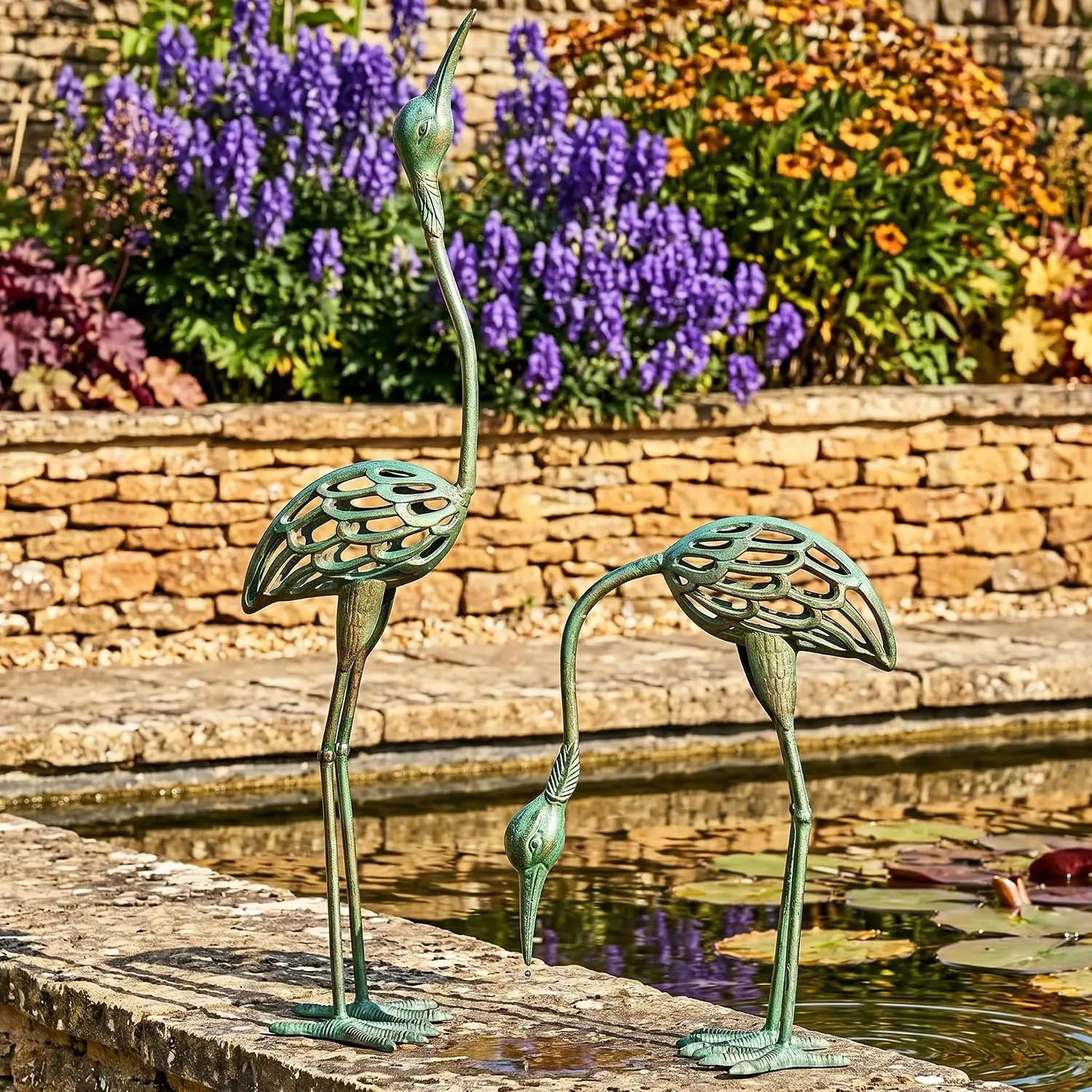 Garden Decor Statues, Metal Crane Yard Art Sculptures, Green
