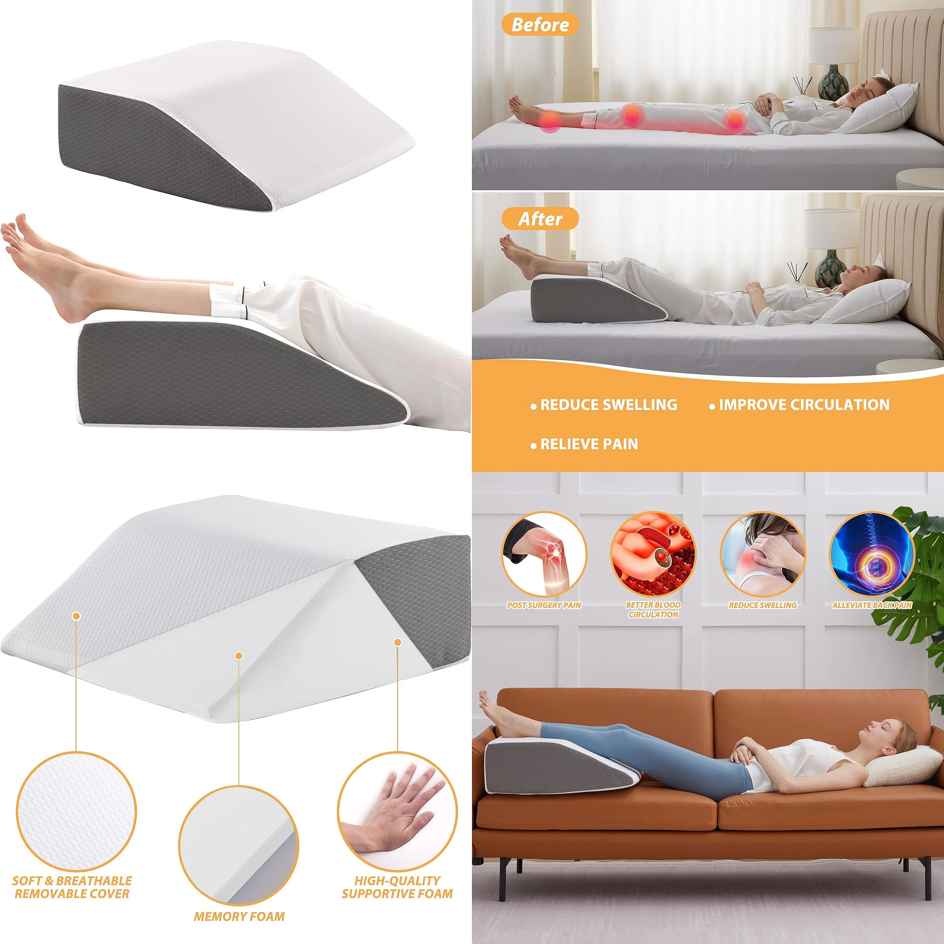 Memory Foam Wedge Pillow for Leg Elevation, Improves Circulation & Reduces Swelling, Post-Surgery Foot Knee Support for Sleep