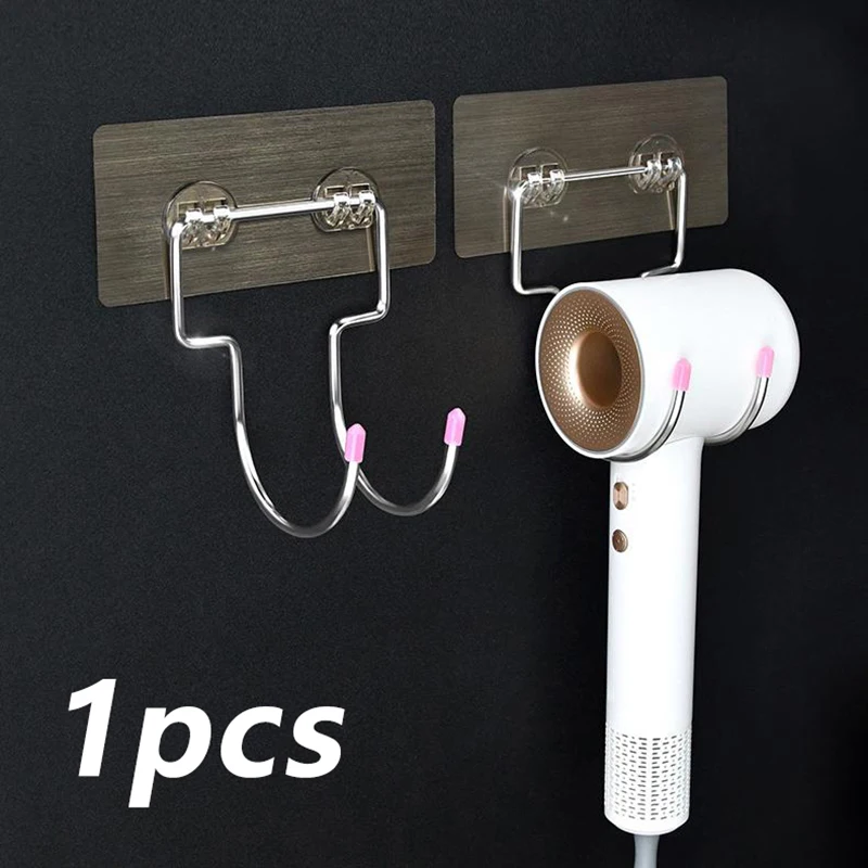 

1pcs Stainless Steel Hair Dryer Rack Bathroom Shelf Wall Mount Nail Free Installation Corrosion Resistant Storage Stand Hook