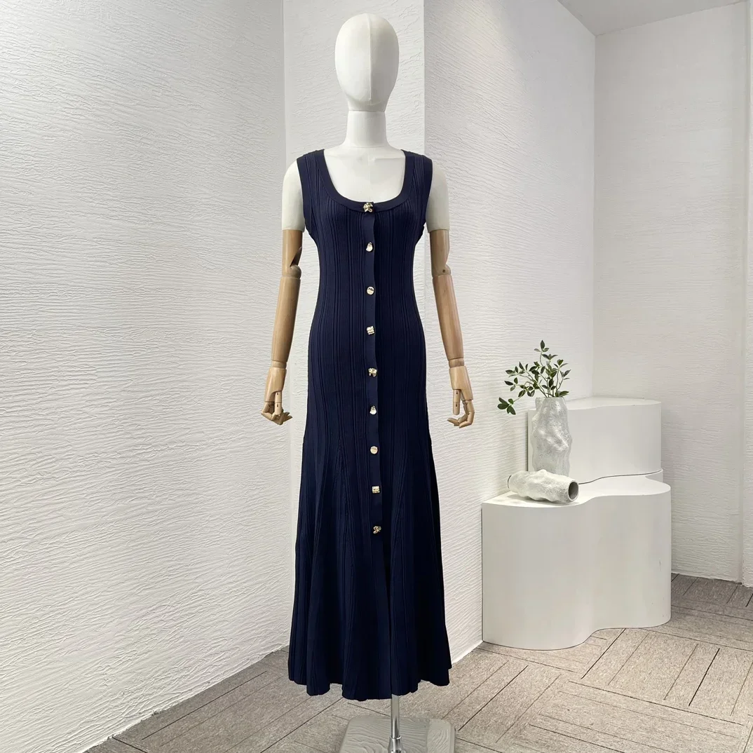 2024 New Navy Blue Sleeveless Knit Maxi Dress Front Buttons Closure