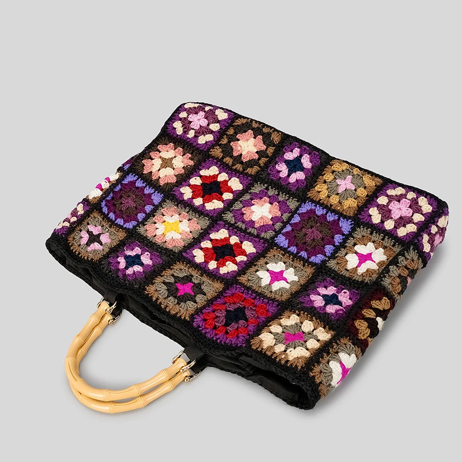 Vintage Crochet Granny Square Tote Bag Designer Bamboon Handle Women Handbags Knitted Handmade Woven Big Shopper Purses 2023 Bag