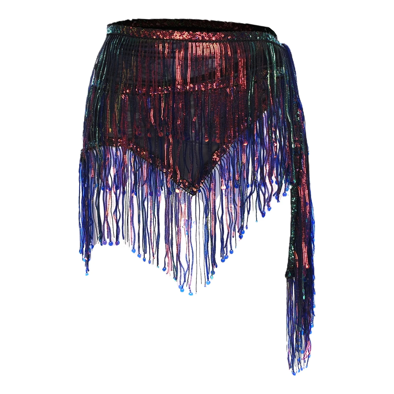 Womens Volksdans Latin Dans Kostuums Glittery Pailletten Buikdans Hippe Sjaal Glanzende Kwastje Fringe Lace-up Taille Keten rok