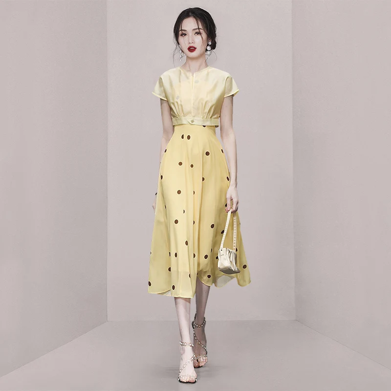 

Summer Fashion Women's Polka Dot A-Line Long Dress Two-Piece Set French Style Waist-Cinching Strapless Outer Cover up