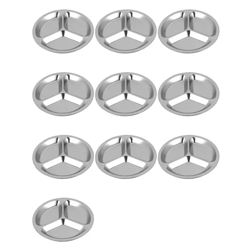 AB11-10X Stainless Steel 3 Sections Round Divided Dish Snack Dinner Plate Diameter 24Cm