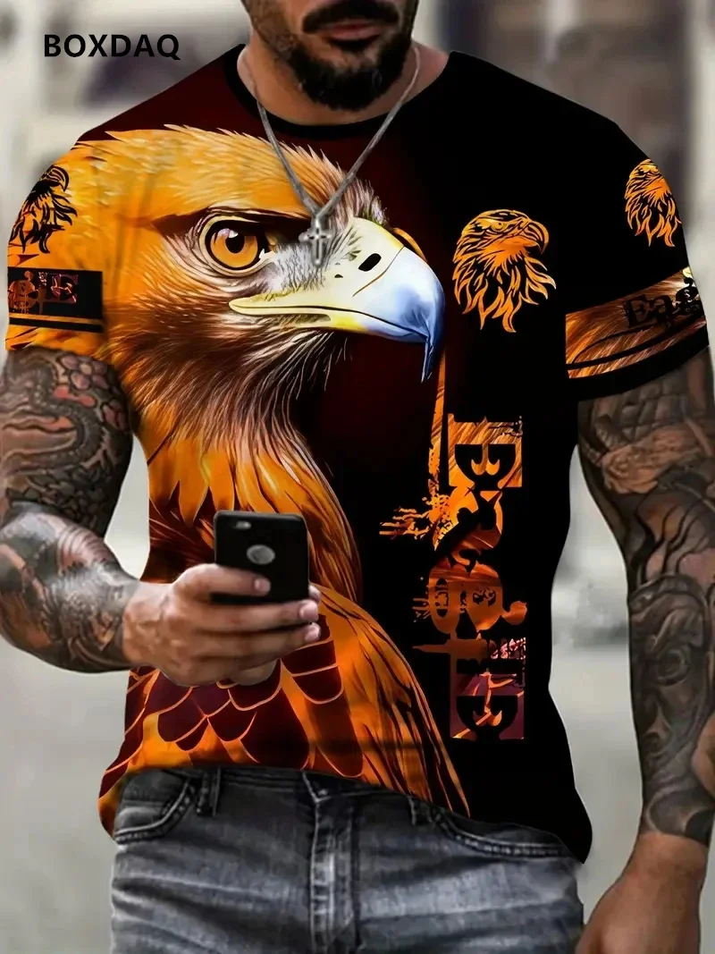 Camiseta de manga corta con estampado 3D de águila para hombre, ropa informal con cuello redondo, transpirable, talla grande 6XL