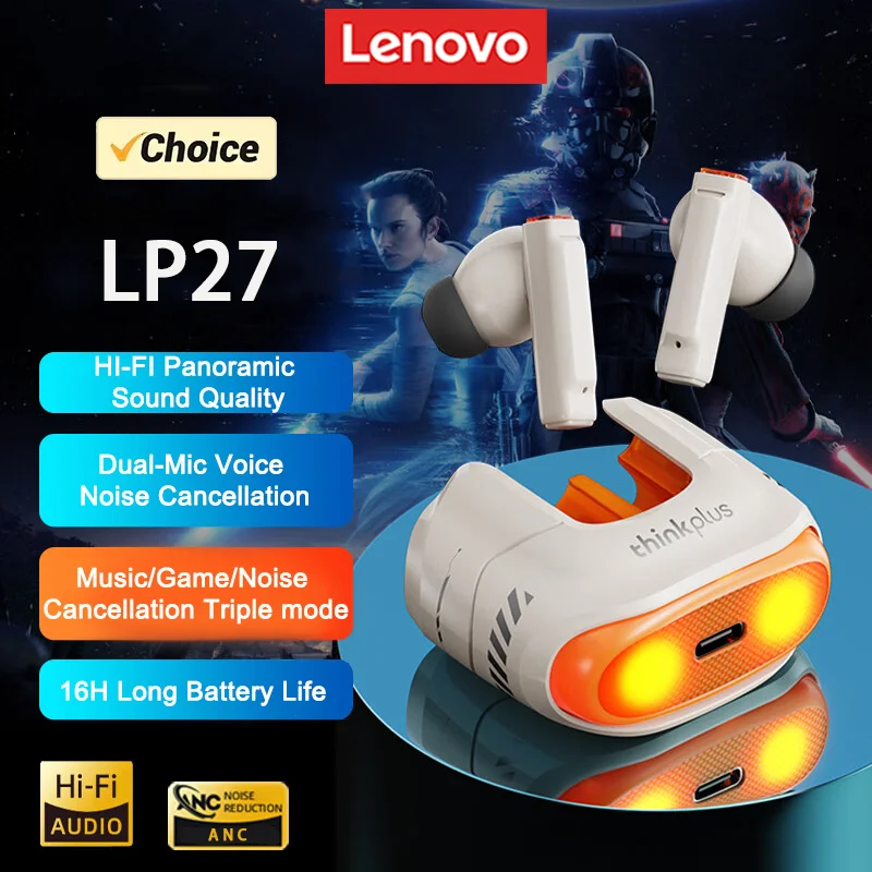 Choice Lenovo LP27 Wireless Bluetooth 5.4 Earbuds HIFI Stereo Sound Low Latency Headset Noise Reduction Sport Gaming Earphones