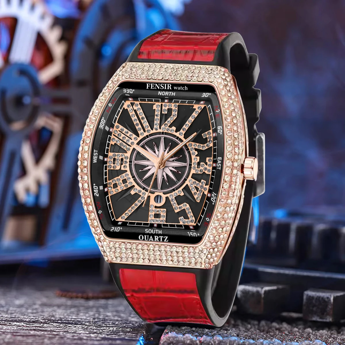 Sweet and Cool Style Full Diamond Barrel-Shaped Women's Quartz Watch, Personalized Large Dial Wristwatch, Waterproof Fashion Watch, Trendy Street Style Accessory, Light Luxury Niche Design Women's Watch, Birthday Gift for Girlfriend or Best Friend, Hot-Selling Women's Wristwatch