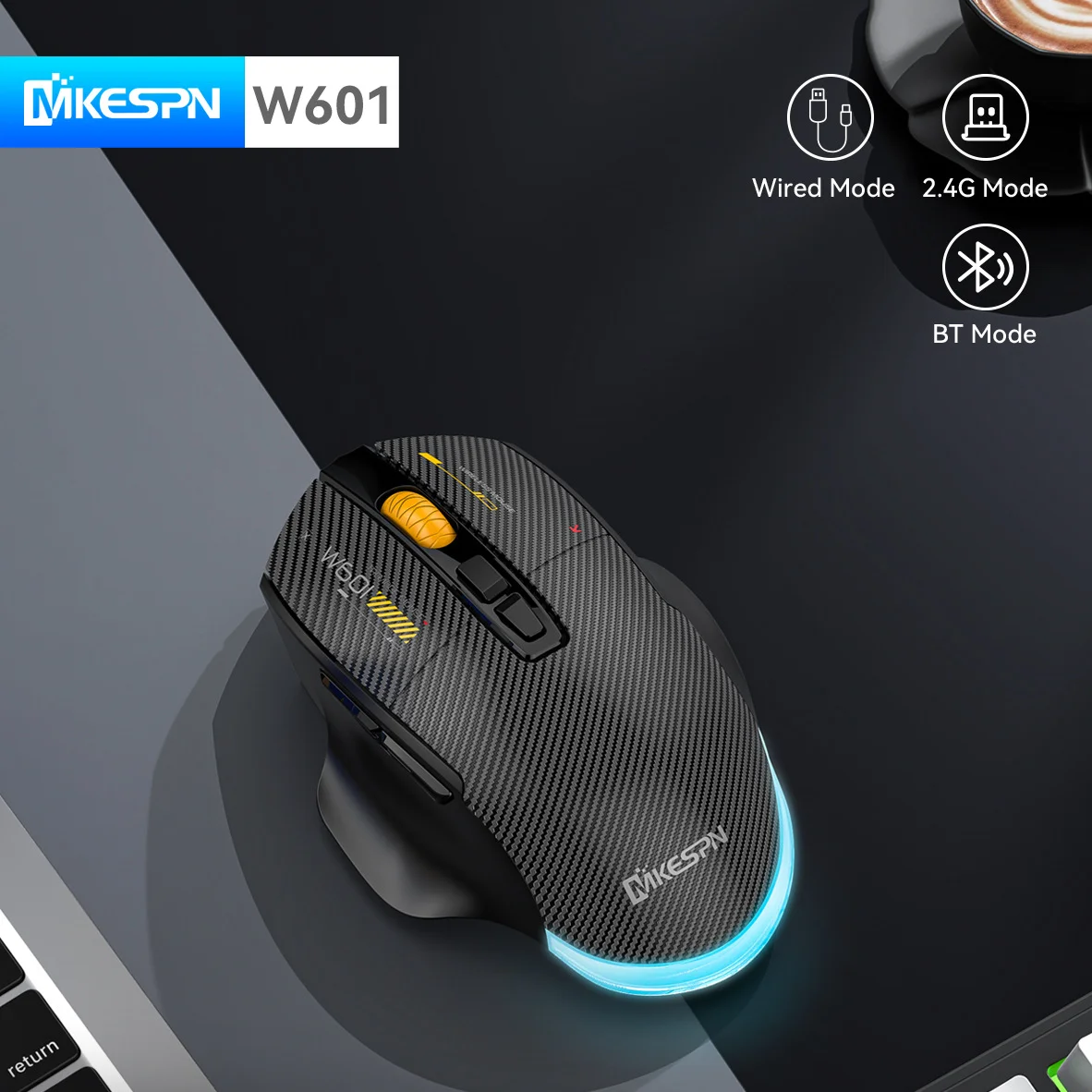 Wireless Wired Tri-mode Game Mouse 12800 DPI Adjustable Mute Button Carbon Fiber Design Mause Macros For Gamer Comfortable Grip