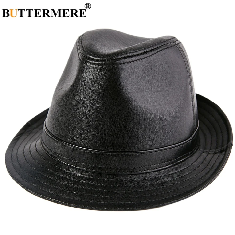 

BUTTERMERE Brand New Black Fedora Real Leather Jazz Hat Men Autumn Winter Genuine Sheepskin British Style Men's Brown Top Hat