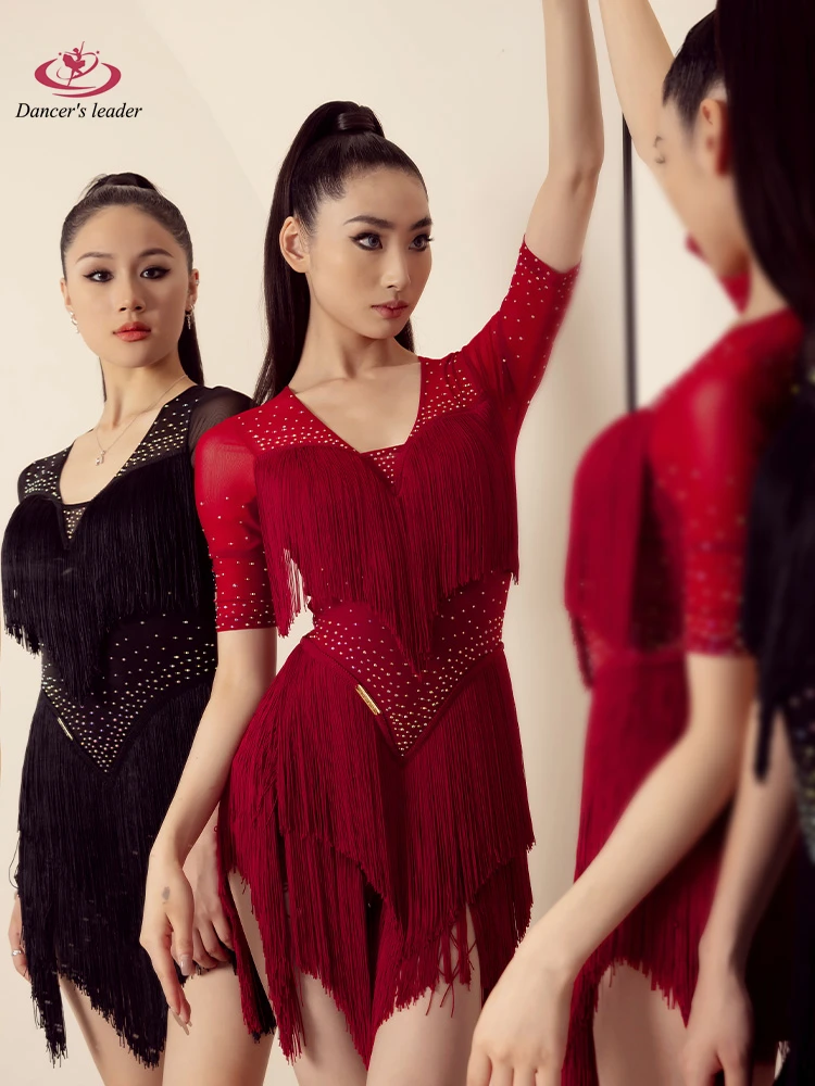 

Latin Dance Competition Women's High-end Skirt Summer Short-sleeved Tassel Diamond Tassel Performance Costume dress