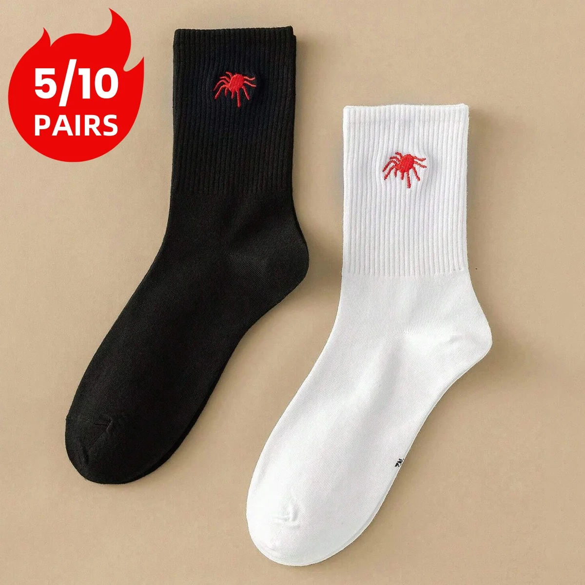 5/10 Pairs Men's Crew Socks, Spider, Black, White, Unique, Funny, Halloween-Themed, Moisture-Wicking, Gift