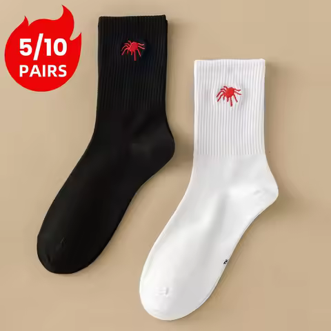 5/10 Pairs Men's Crew Socks, Spider, Black, White, Unique, Funny, Halloween-Themed, Moisture-Wicking, Gift
