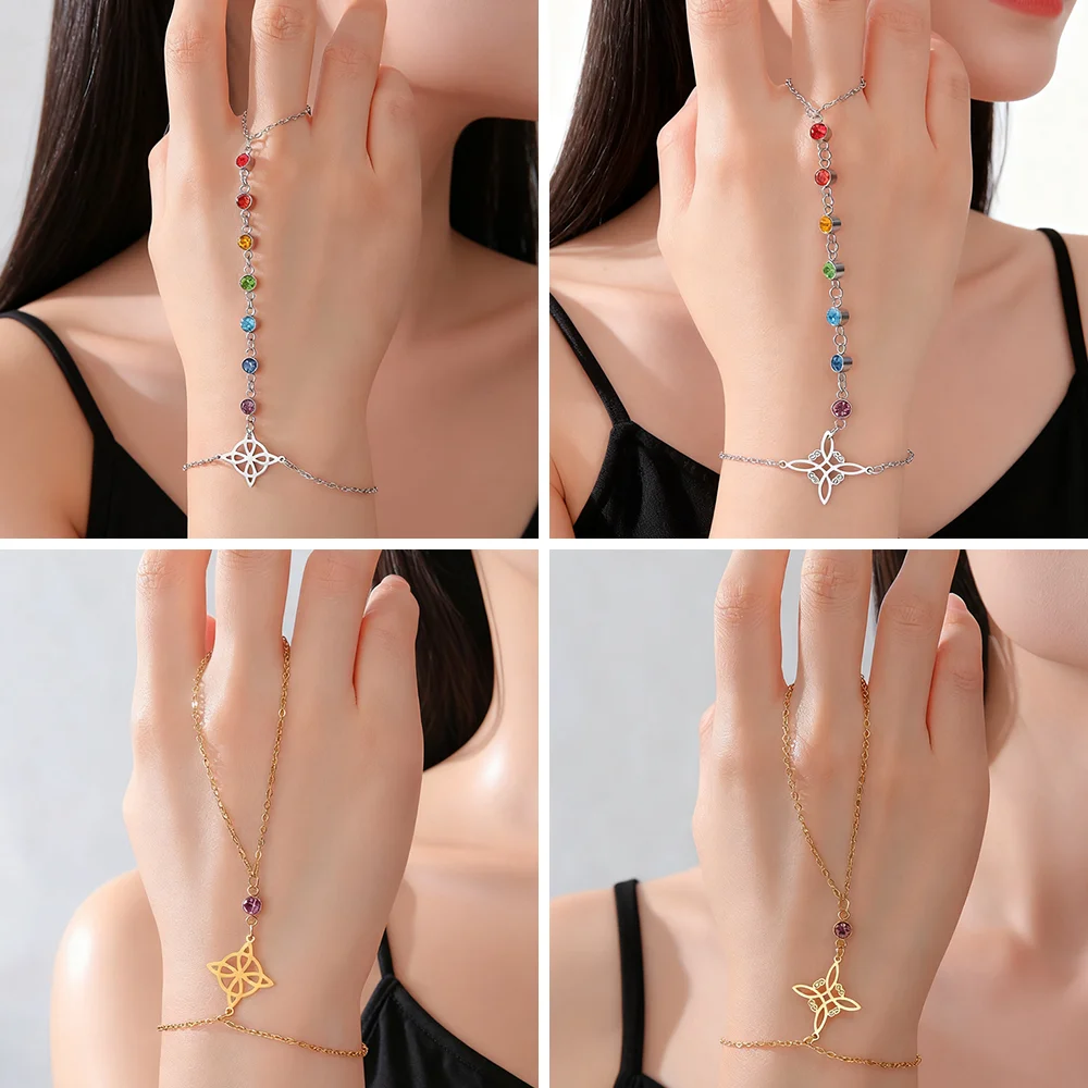 Cazador Vintage Stainless Steel Witch Knot Clear Zircon Purple Crystal Finger Bracelets Jewelry Irish Knot Women's Bracelets