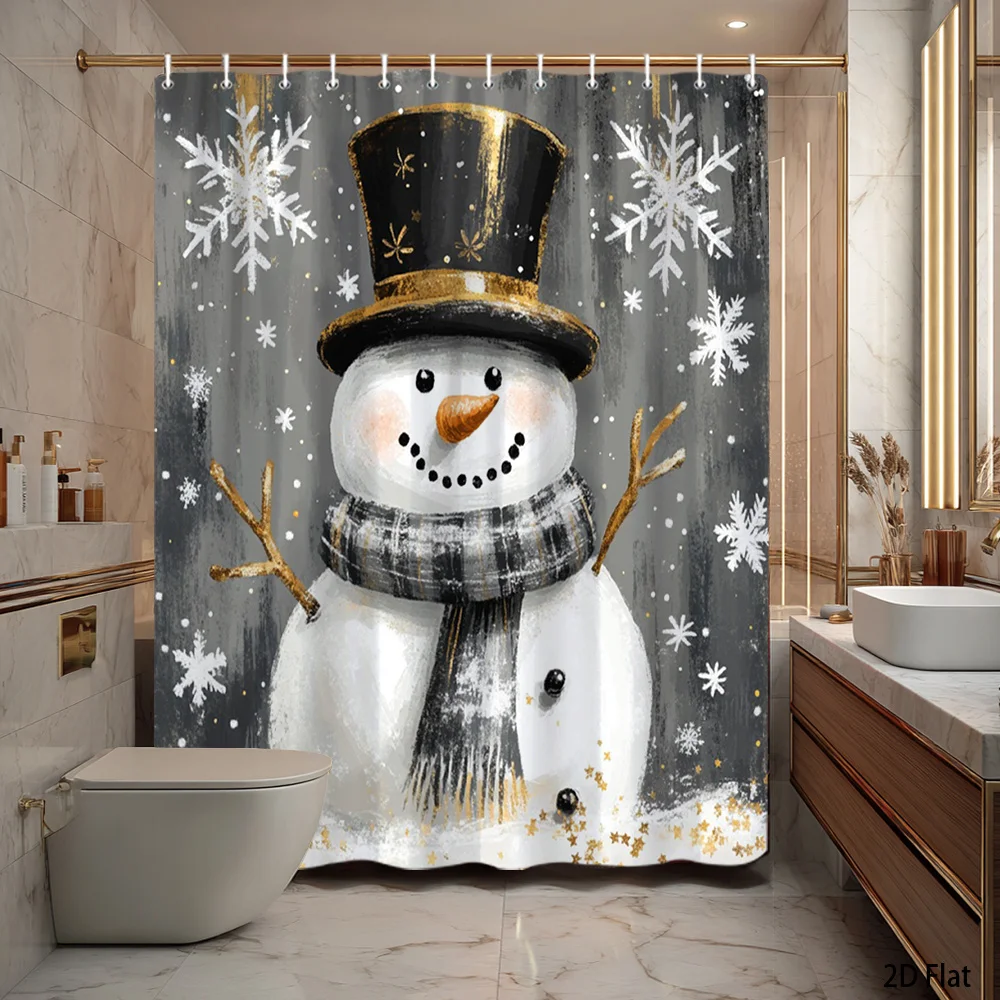 1pc 2D Flat Cute Snowman Christmas Shower Curtain, Rustic Winter Snowflake Print, With Hooks, Holiday Bathroom Decor