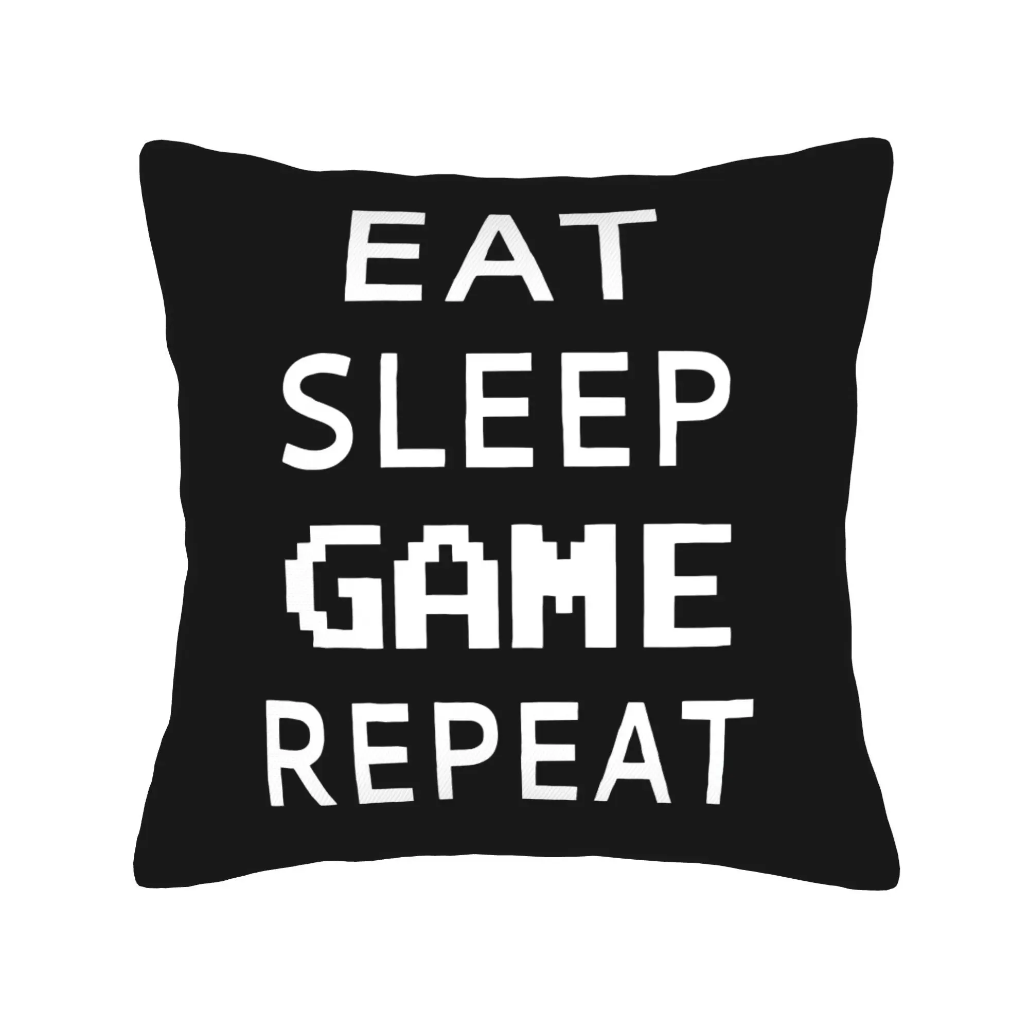 Eat Sleep Game Repeat Double-Sided Pillowcase, Modern Black and White Gamer Cushion Cover with Zipper, Washable Decor Case