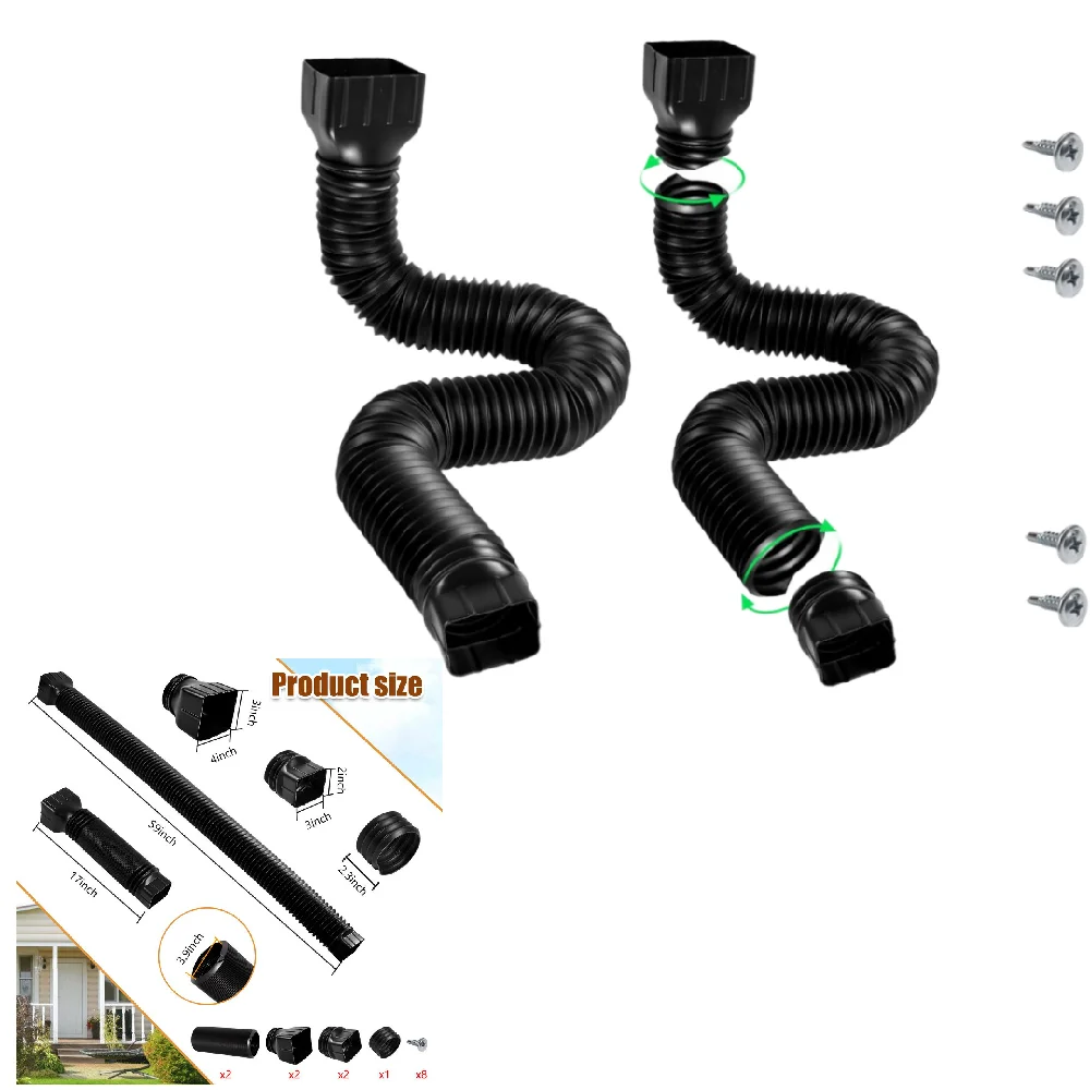 150cm Long Black Gutter Downspout Extensions Flexible Drain Downspout Extender Spout Rainwater Drainage Tool 2Pcs