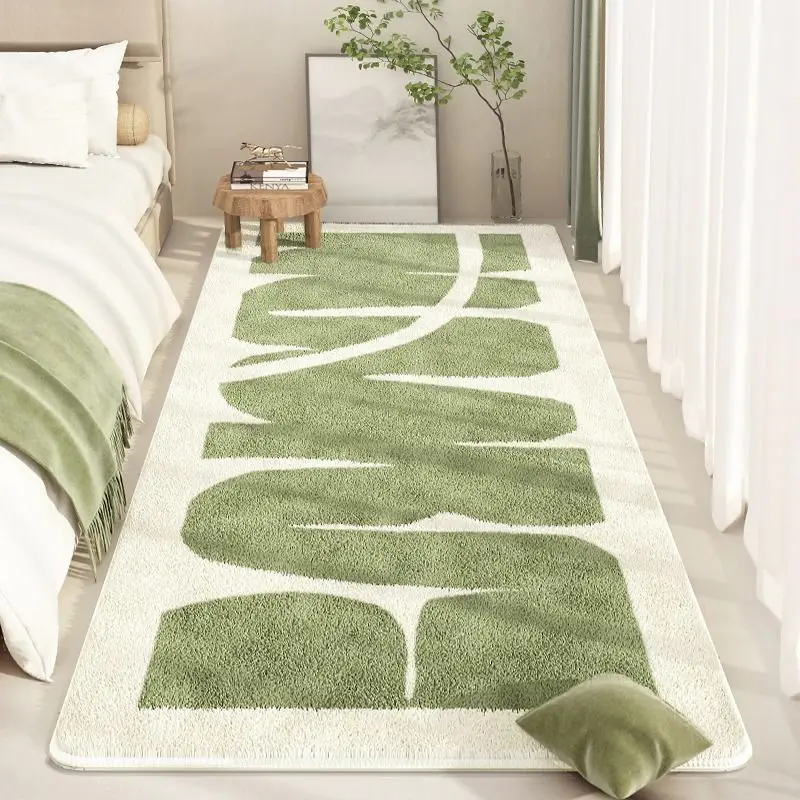 Fluffy Rectangular Bedroom Carpet Soft Bedside Carpet Non-slip Bedroom Area Rug Artificial Wool Short Pile Carpet Green Striped