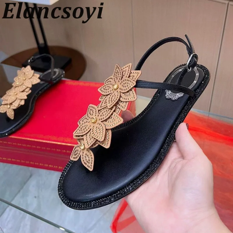 Sandals Women Flip-Flops Shiny Crystal Flower Gladiator Summe Split Toe Buckle Strap Flat Bottom Sandalias Beach vacation Shoes