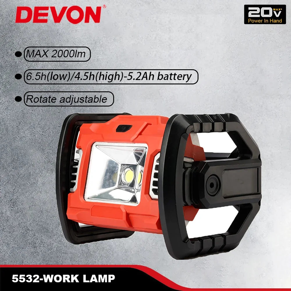 Devon Camping Light Rechargeable 5532-li 20v 2000lm 360 Degree Rotate Portable Outdoor Universal Flex Battery Platform