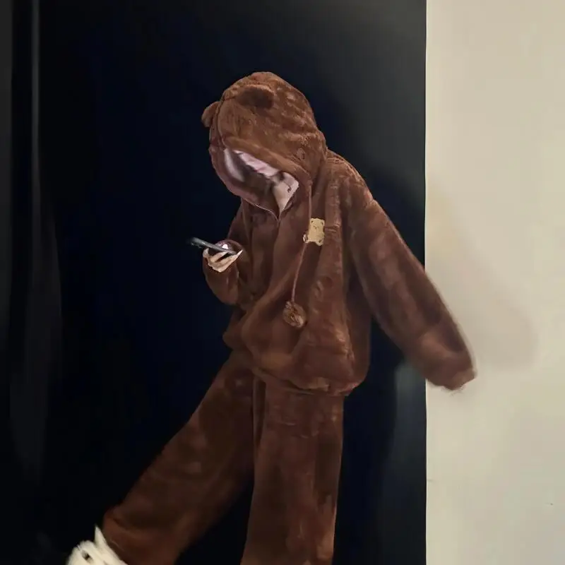 

Пижамный костюм Kawaii с капюшоном для девочек, весенне-осенний коралловый флис, домашняя одежда, одежда для сна на флисовой подкладке, утепленная женская милая пижама