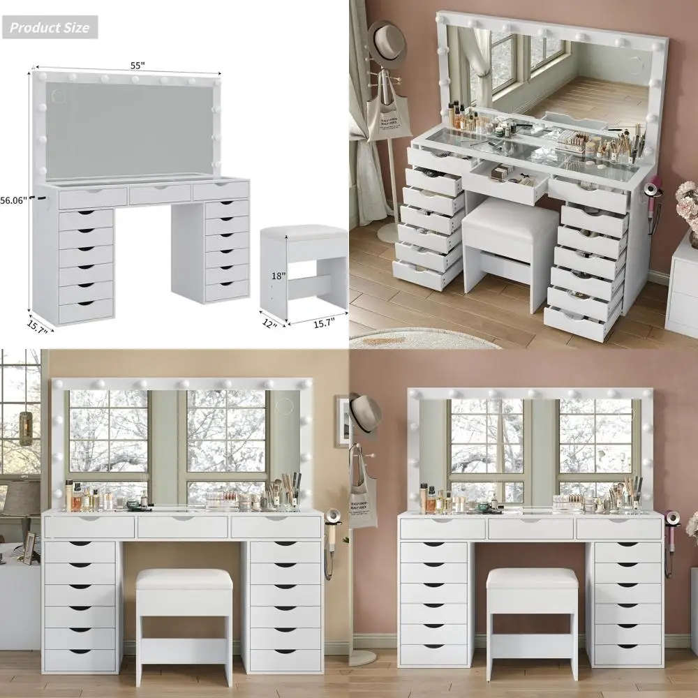 

55 LED Vanity Desk with Adjustable Lighting, 15 Drawers, Glass Top, Includes Chair for Bedroom or Dressing Room