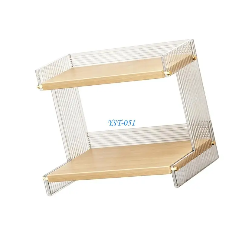 E15A Simple Styles Clear 2 Layer Rack with Wooden Base Double Layer Shelf Hygienic Rack Great for Home Organization Gift