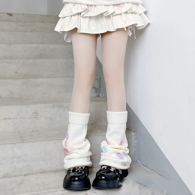 Colorful Button Leg Warmers for Women Knit Gothic Punk Harajuku Long Cable Flared Socks, JK Japanese Y2K Cute