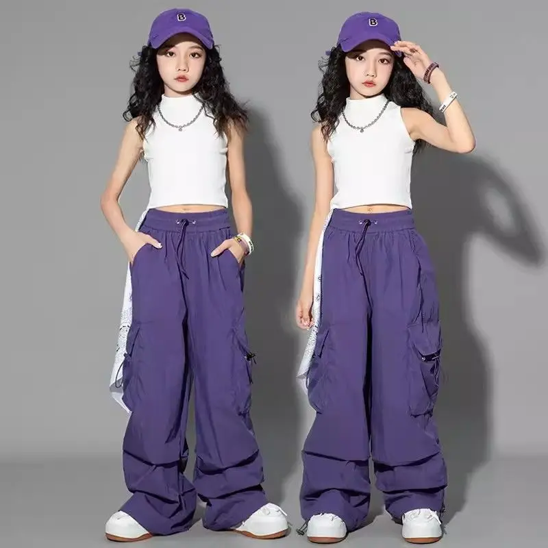 5-14Y Kids Hip Hop Joggers Pants Girls Cargo Pants Teenage Straight Trousers High Waist Vintage Casual Streetwear Baggy Pants