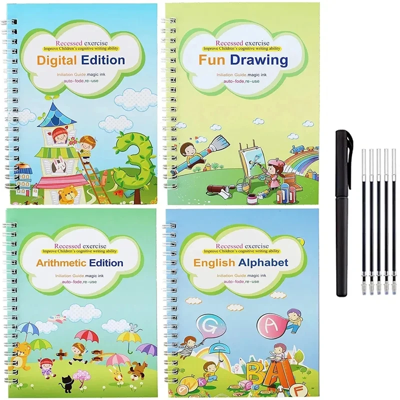 4 Books Children English Copy Book Handwrite Reusable Book Magic Books For Calligraphy Book Write Set English Letter Math Book