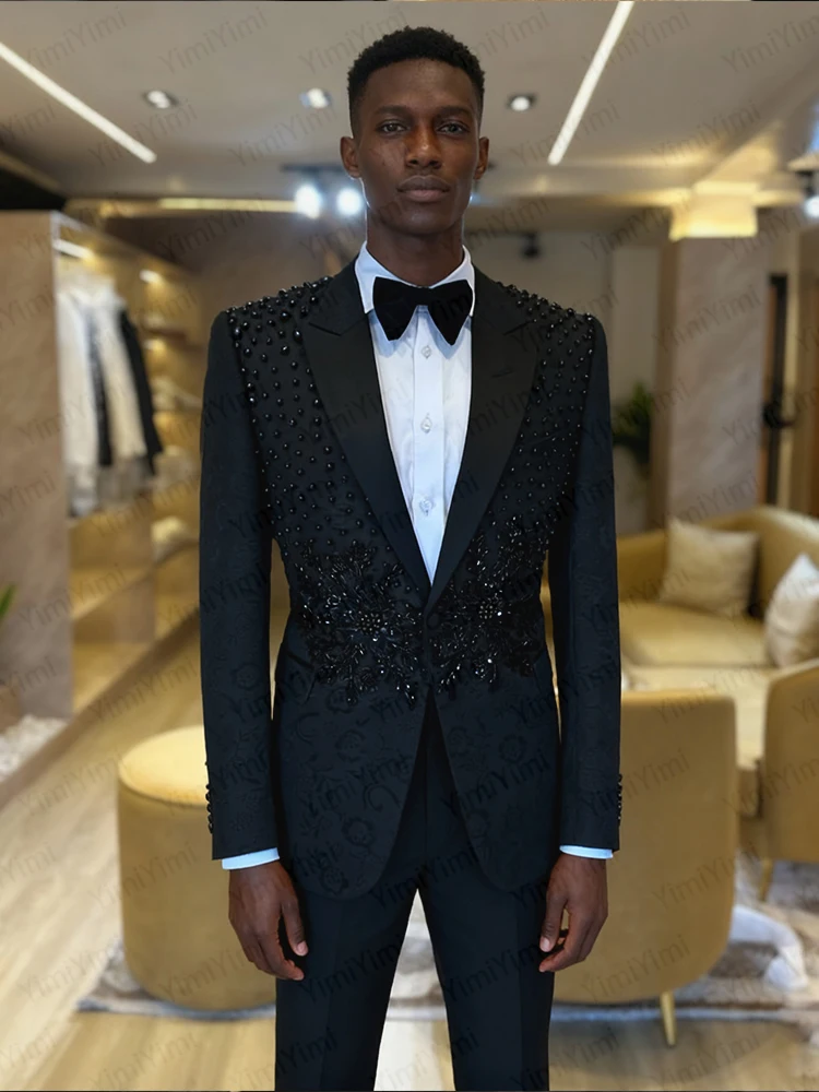 Yimi Customized Elegant Beads Men Suits Slim Fit Peak Lapel Groom Tuxedos 2 Pieces Sets Male Blazer Casual Hombre Evening Jacket
