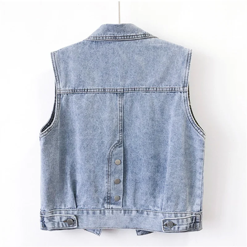 Vintage Lichtblauwe Pailletten Grote Zak Denim Vest Vrouwen Gilet Cowboy Mouwloze Jas Lente Losse Korte Jeans Vesten Dames