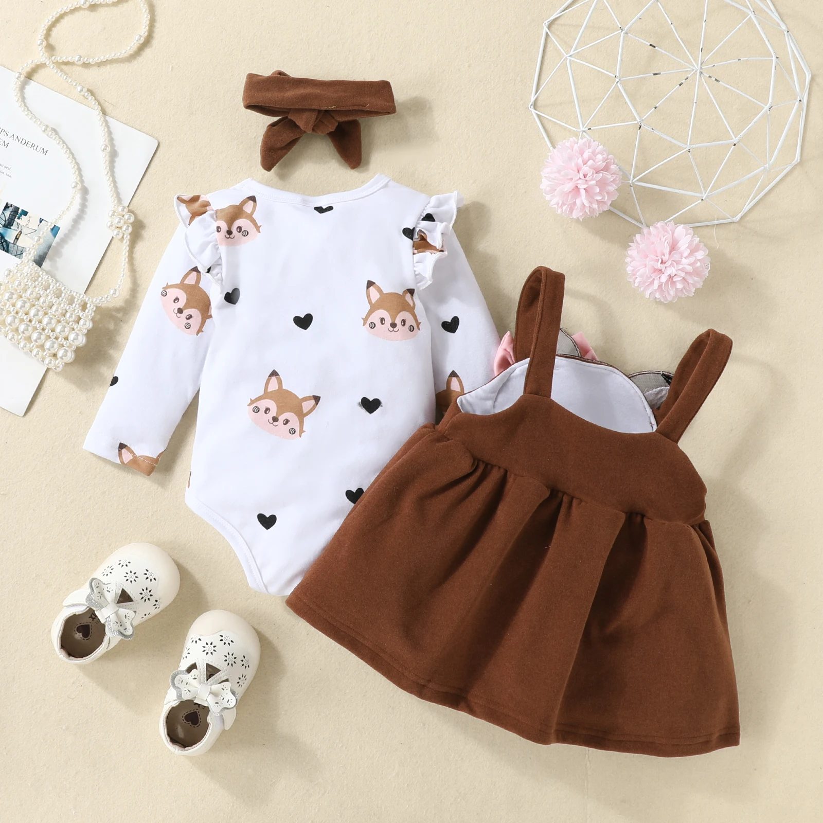 BeQeuewll Baby Girls Autumn New Style 3 Piece Outfits Long Sleeve Ruffle Romper and Cute Fox Print Suspender Skirt Headband Sets