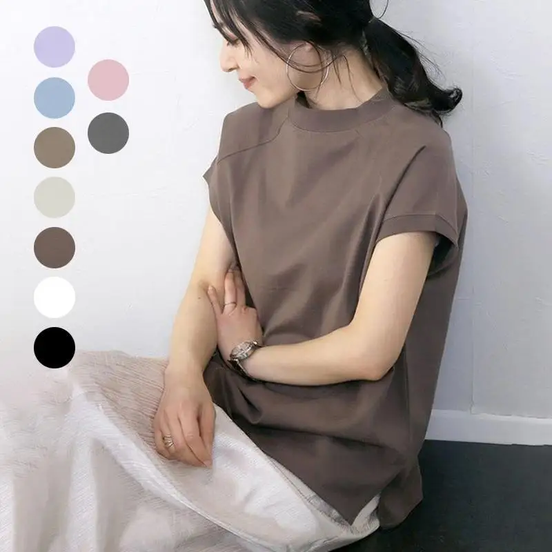 French Style Women's Short Sleeve T-Shirt Sweet Style Pullover Side Stitching Pure Color Ladies' Top for Winter Season