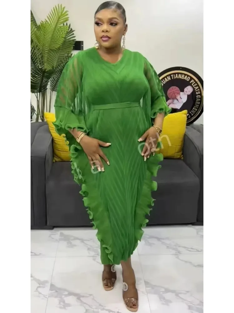 

2025 New Fashion Pleated Women's Long Dress Ruffles Batwing Sleeves Belt Gathered Waist Dresses Elegant Party