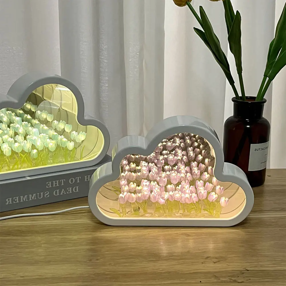 Veilleuse LED Tulipe Nuage, Lampes de Table Miroir, Ornements de Chambre, Cadeau DIY