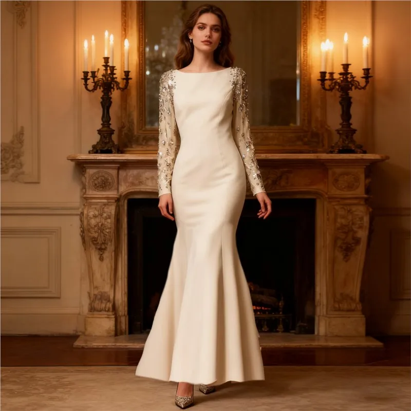 فستان جديد أنيق وأنيق برقبة واحدة وأكمام طويلة ومرصع بالألماس #1