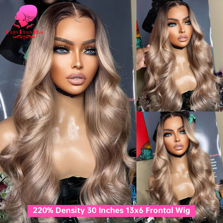 13x6 Ombre Aschblonde Echthaar-Perücke Brasilianische Body Wave Lace Front Echthaar-Perücke Wellige Dunkle Ansätze Aschblonde Lace Frontal Perücken – Detail 1