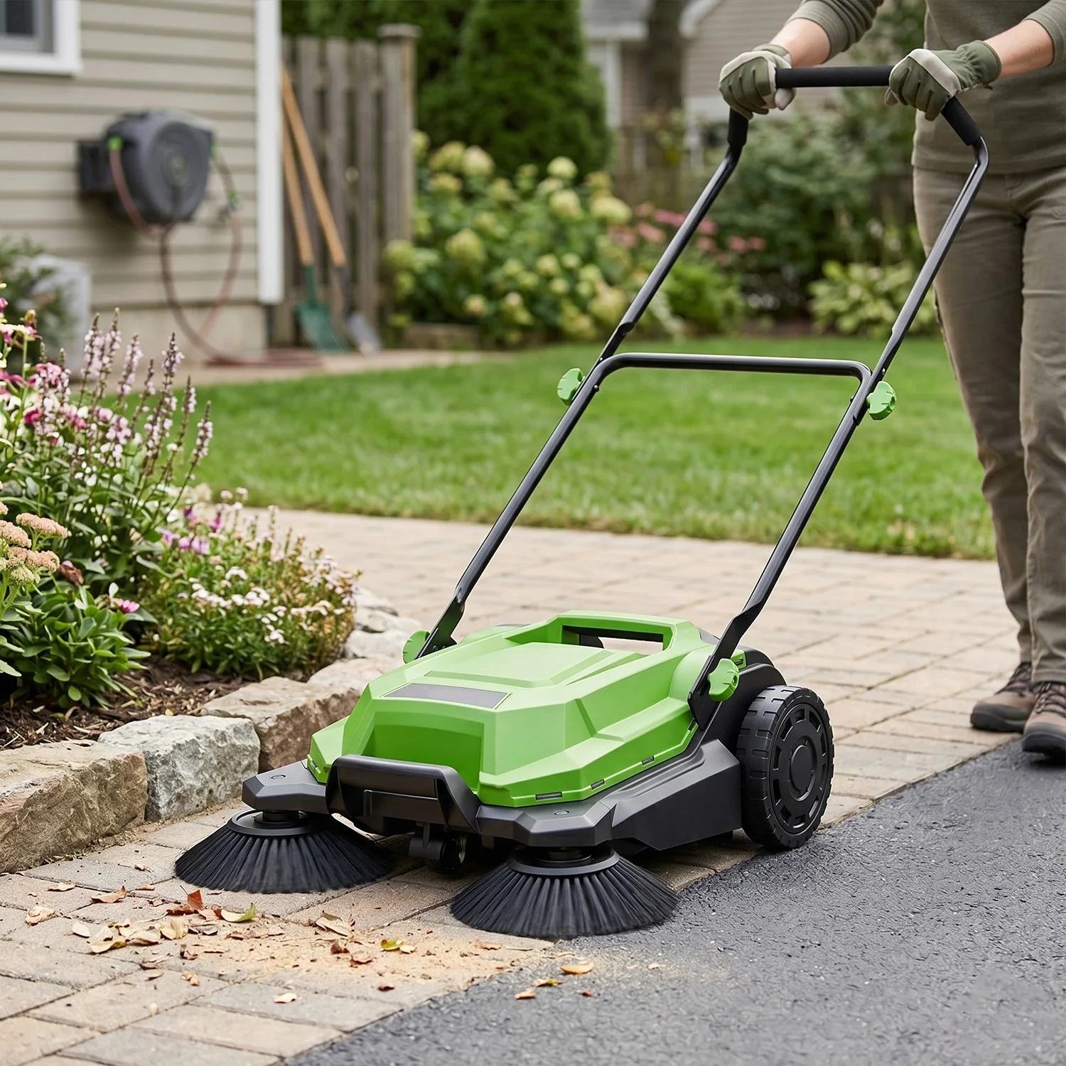 Vertak-A Hand Push Floor Sweeper Garden Road Cleaning Tool Multi Function Outdoor Floor Sweeper Machine with 24L Collector